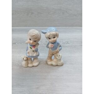Vintage Ceramic Boy Girl Figurines with Dogs Made in Taiwan CHI
